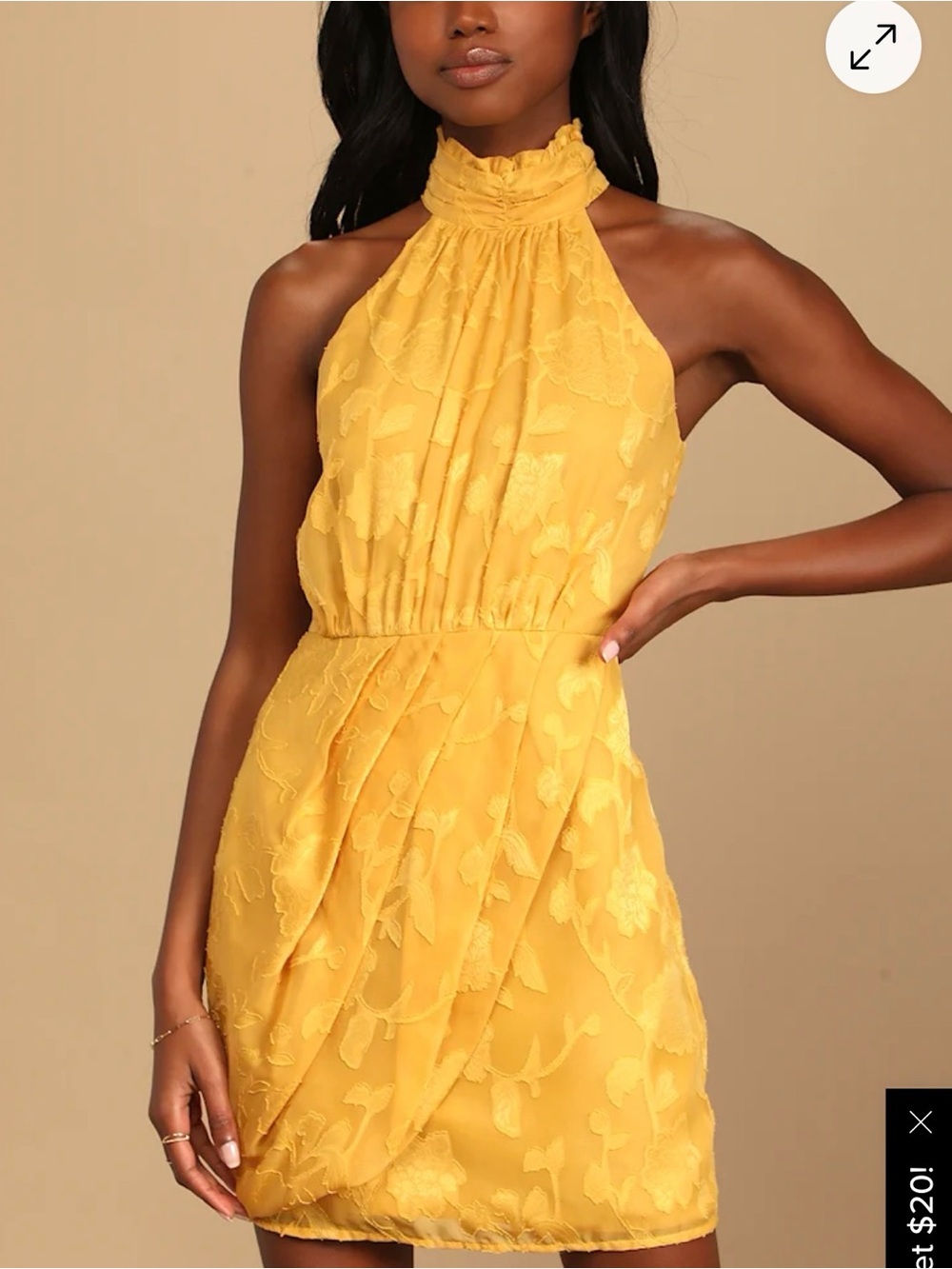 Lulu's Mustard Yellow Halter Neck Embroidered Mini Dress